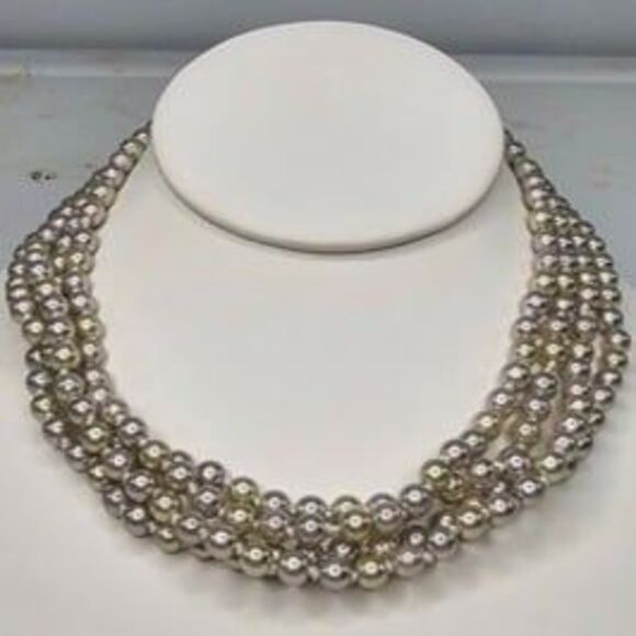Triple Strand Faux Pearl Lt. Grey, Lt. Yellow Necklace Hook Closure 16"L - Picture 3 of 4